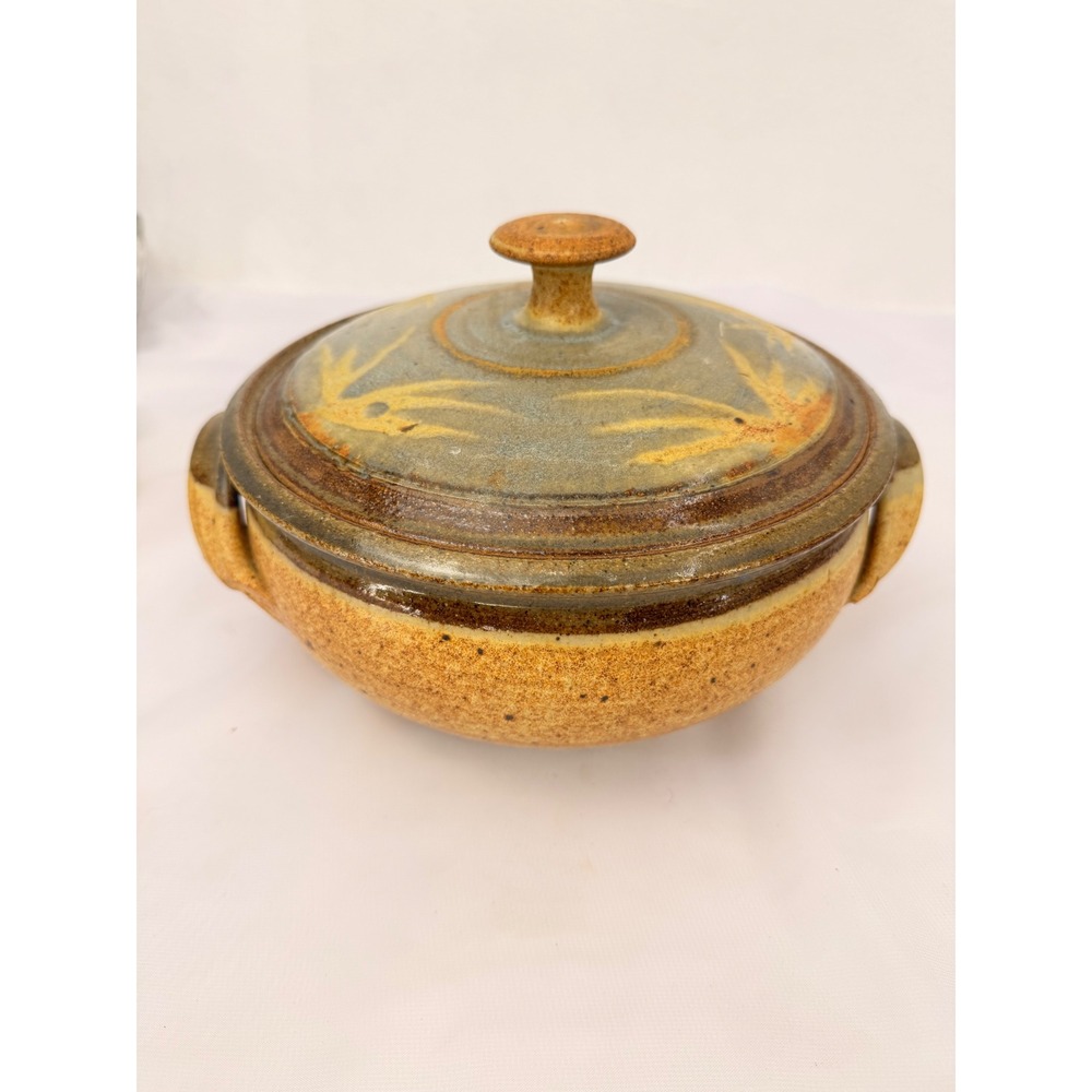 Studio Pottery Lidded Casserole Dish Earth Tone Speckled Stoneware Wheat Motif